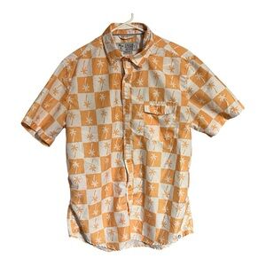 Free Planet Men's Med Orange Palm Hawaiian Button-Down Shirt Chest Pocket